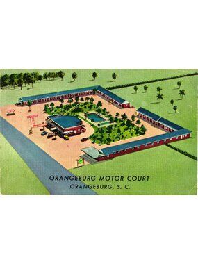 Orangeburg Motor Court Postcard 1960 Linen Aerial View Orangeburg S.C.